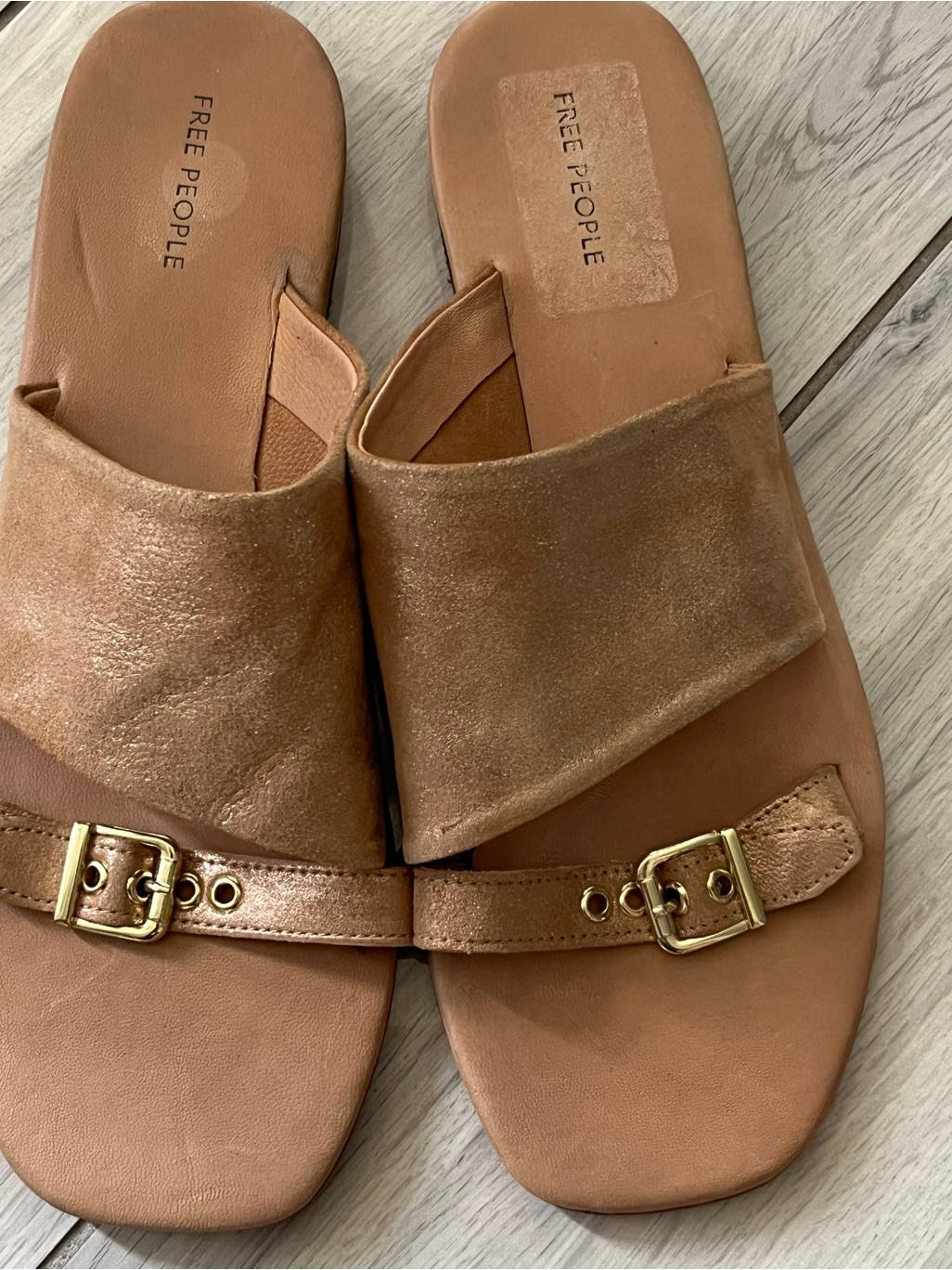 Free People Metallic Tan Slide Sandals With Gold Buckles